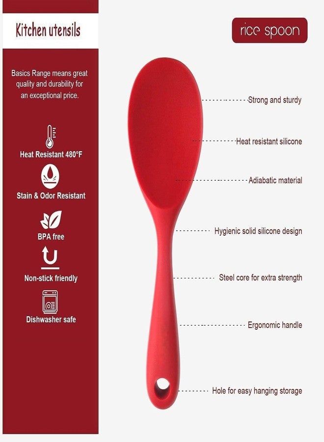 Baskety Non-Stick Rice Spoon Silicone Ladle Soup Spoon with Handle for Dining Table 22.3 x 6.8 cm (Pure Red) - Image 3